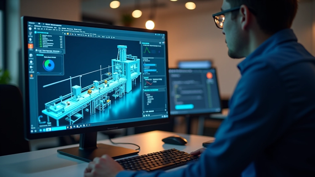 Arvuti ekraan näitab digitaalset kasiiku tehasemaailmast simulatsiooni
