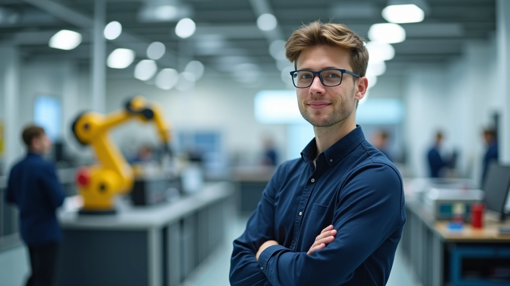 Õpilane seisab laboris, masin taustal, silmad keskendunutud projektile