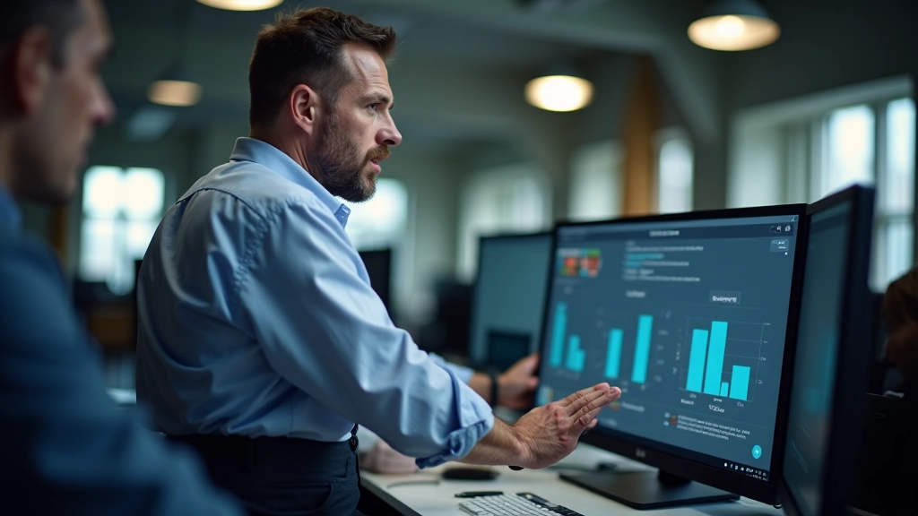 Õpetaja näitab õpilasele arvutiekraanil virtuaalse tehasemaailma funktsioone ja tulemusi