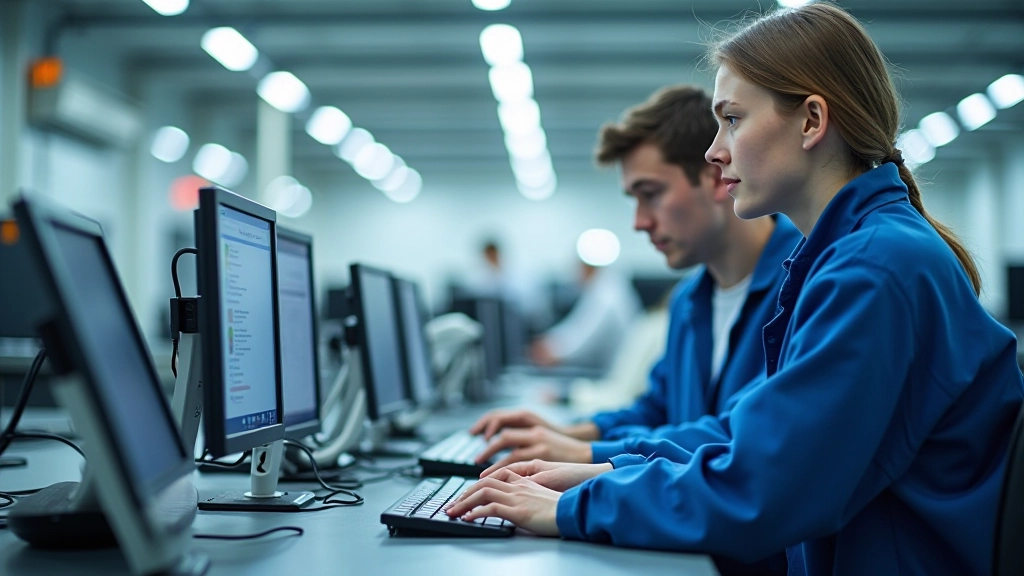 Kaasaegne tehnoloogialab kutsekooliga, robotid töötavad õpilastega, hele ja professionaalne keskkond