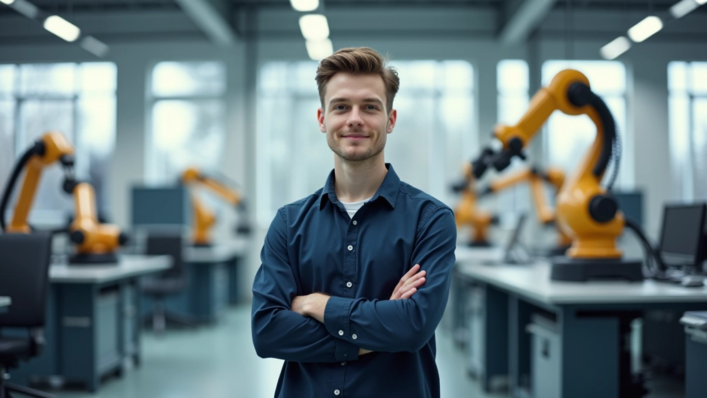 Õpilane seisab laboris, kus on näha erinevaid robootikapaigaldisi ja seadmeid