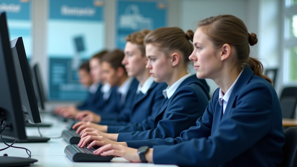 Õpilased istuvad klassitoas ja jälgivad arvutiekraani, kuhu on kujutatud virtuaalse tehasemaailma simulatsiooni