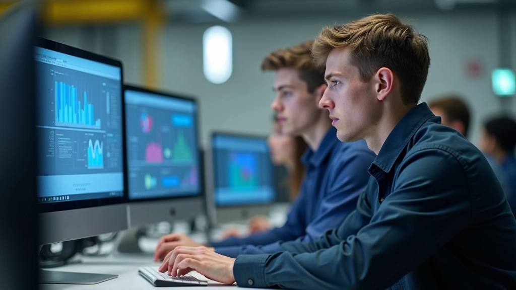 Õpilased istuvad arvutis jälgimise tarkvara ees, analüüsivad komponendi teekonda