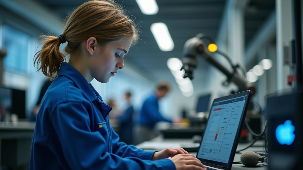 Noor õpilane töötab robotiga täppistööstuse laboratooriumis, modernse seadme juures